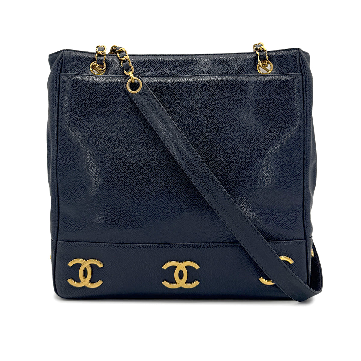 CHANEL VINTAGE TRIPLE COCO CHAIN TOTE BAG NAVY CAVIAR SKIN 90274045