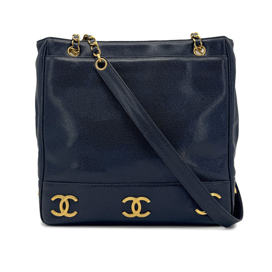 CHANEL VINTAGE TRIPLE COCO CHAIN TOTE BAG NAVY CAVIAR SKIN 90274045