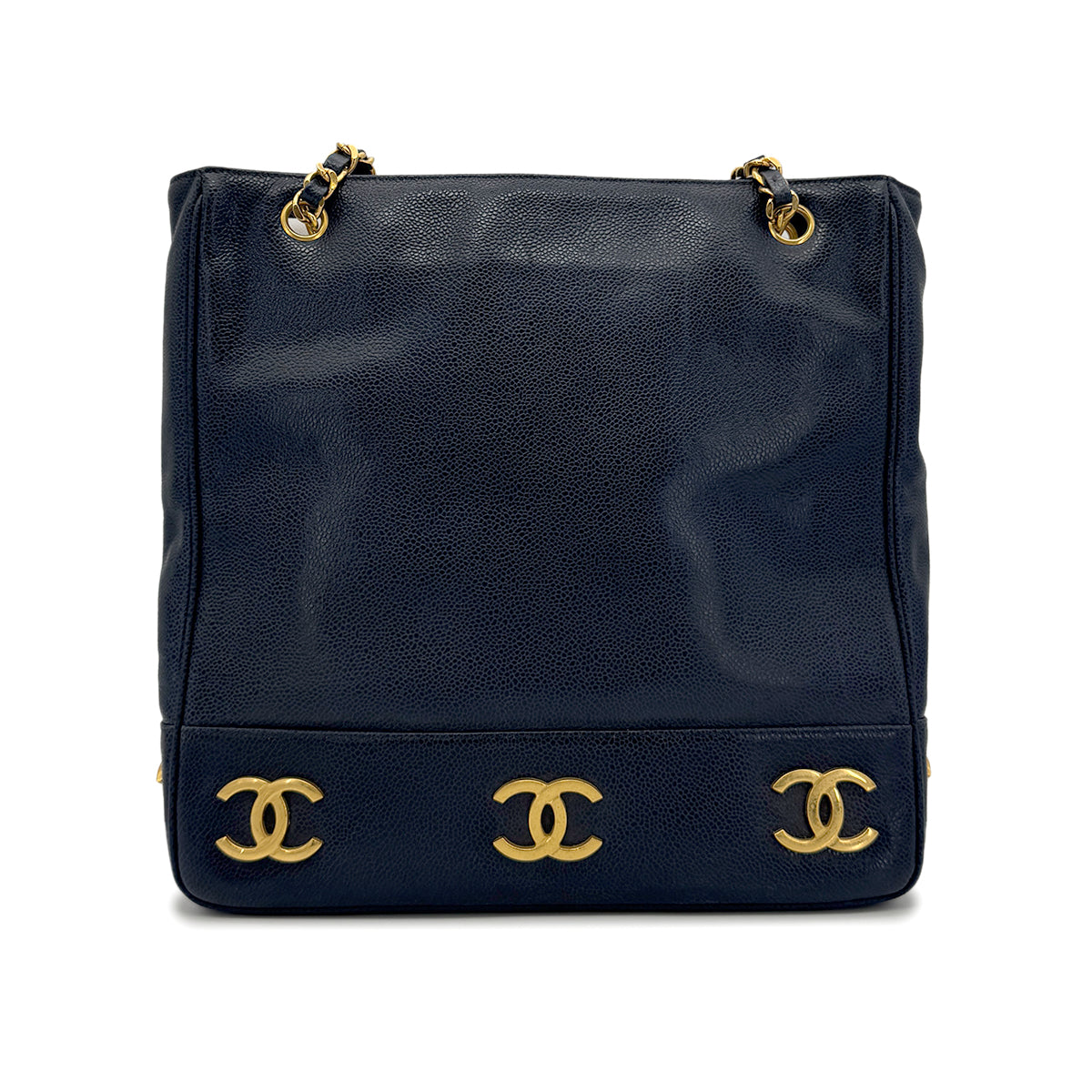 CHANEL VINTAGE TRIPLE COCO CHAIN TOTE BAG NAVY CAVIAR SKIN 90274045