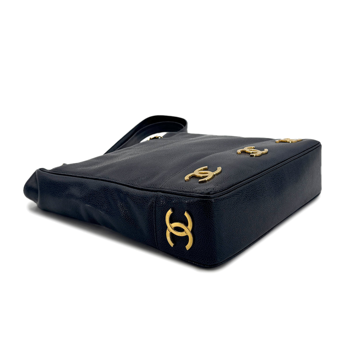 CHANEL VINTAGE TRIPLE COCO CHAIN TOTE BAG NAVY CAVIAR SKIN 90274045