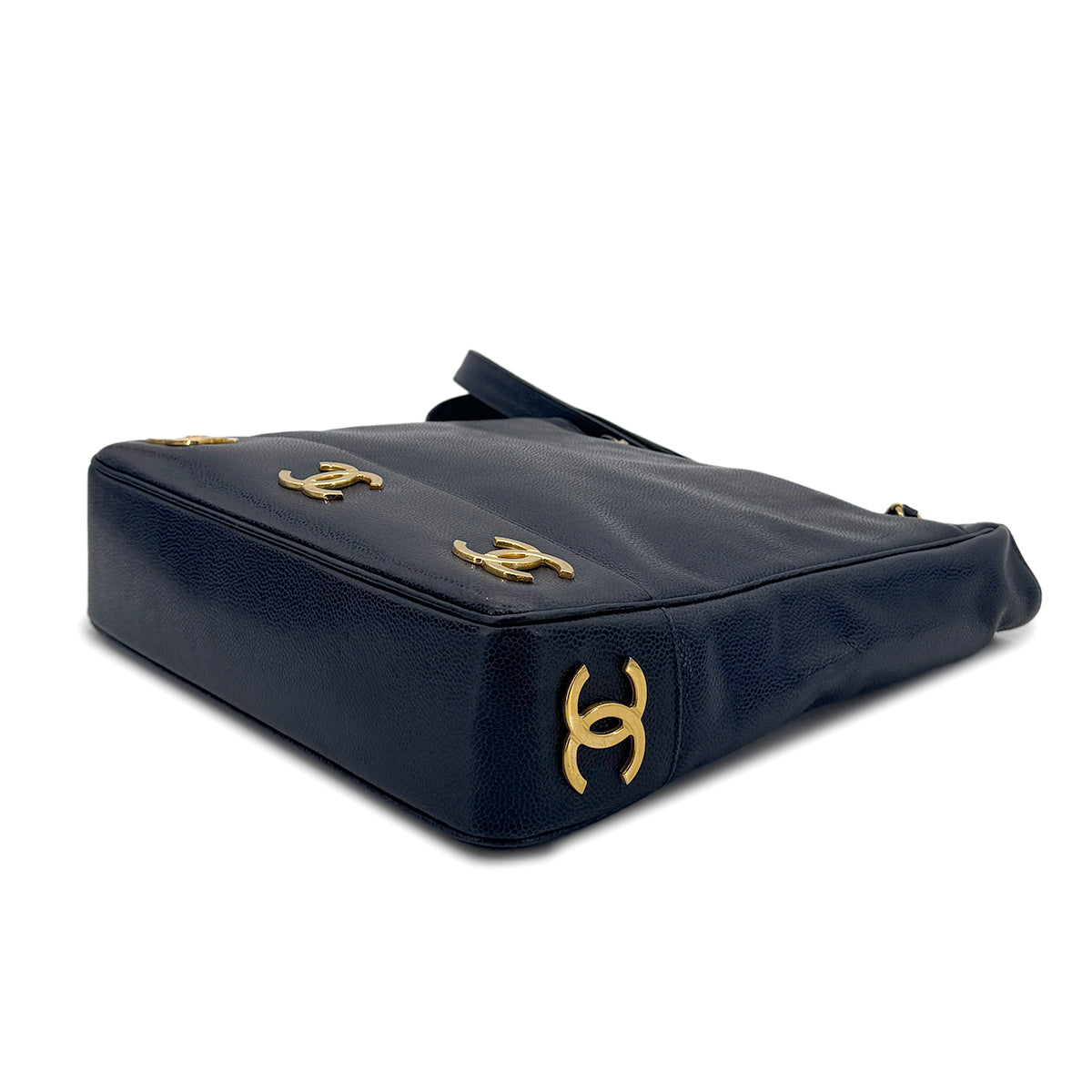 CHANEL VINTAGE TRIPLE COCO CHAIN TOTE BAG NAVY CAVIAR SKIN 90274045