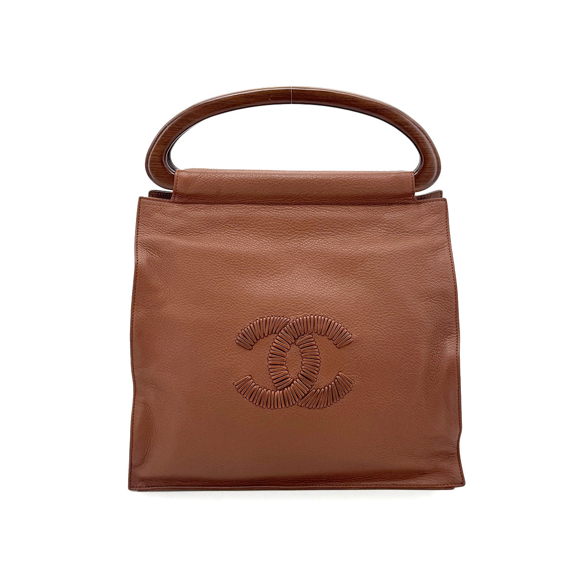 CHANEL VINTAGE WOOD HANDLE HAND BAG BROWN LEATHER  90274047