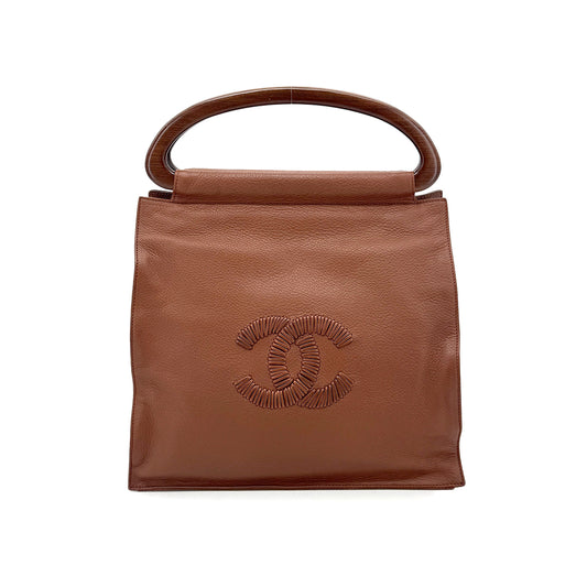 CHANEL VINTAGE WOOD HANDLE HAND BAG BROWN LEATHER  90274047