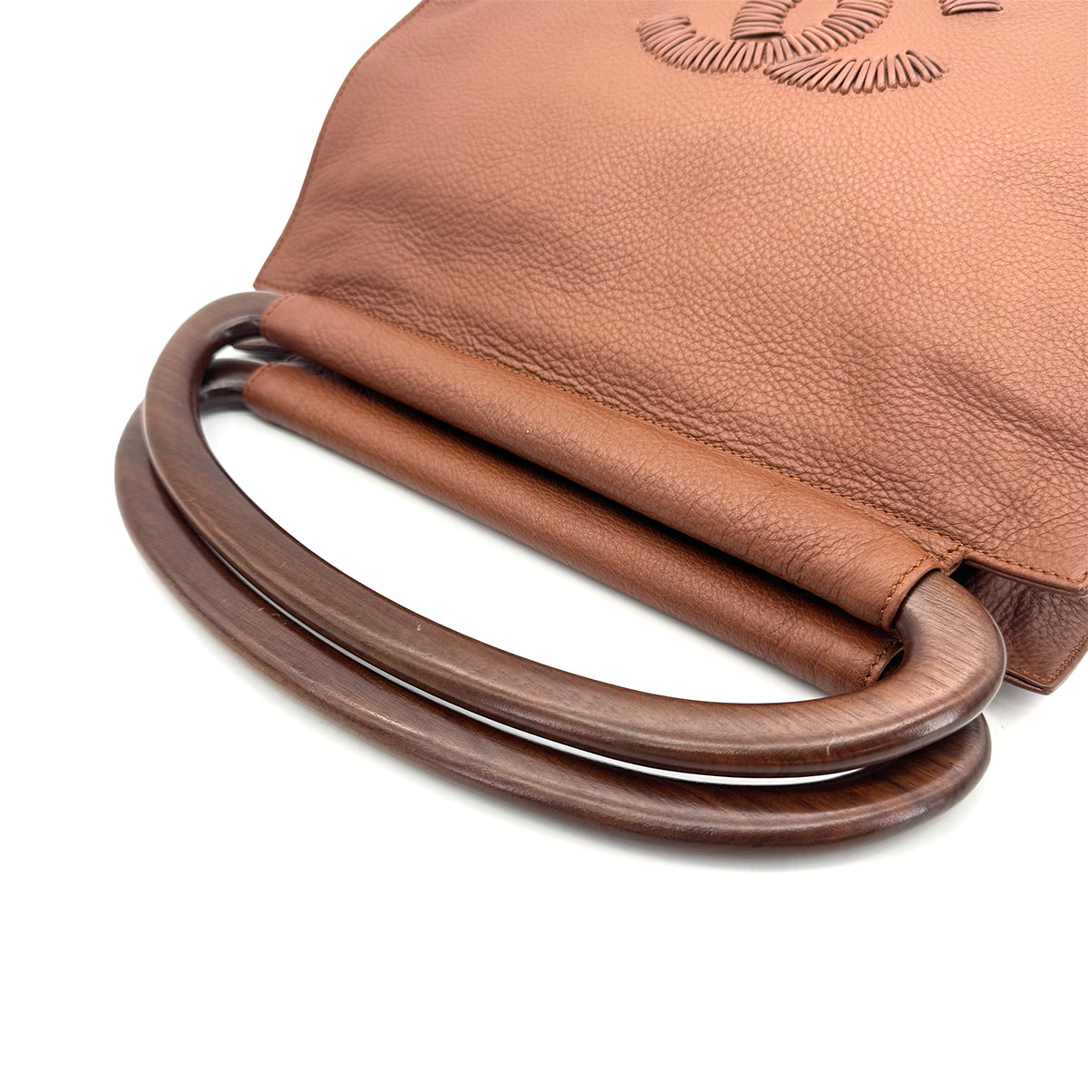 CHANEL VINTAGE WOOD HANDLE HAND BAG BROWN LEATHER  90274047