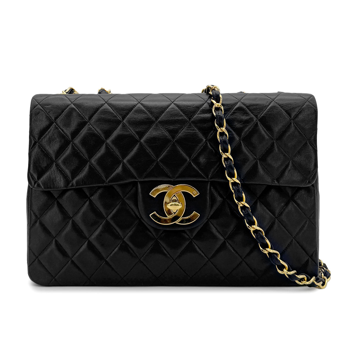 CHANEL VINTAGE MAXI MATELASSE 34 CHAIN SHOULDER BAG BLACK LAMB SKIN 90274049