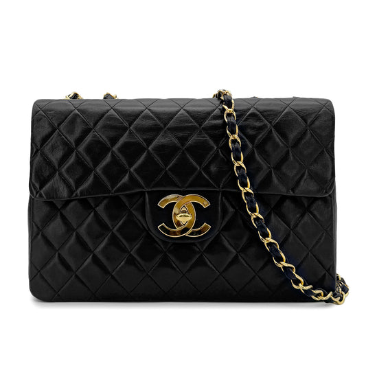 CHANEL VINTAGE MAXI MATELASSE 34 CHAIN SHOULDER BAG BLACK LAMB SKIN 90274049