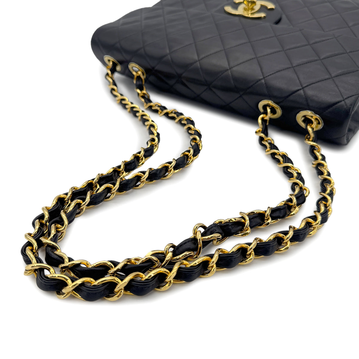CHANEL VINTAGE MAXI MATELASSE 34 CHAIN SHOULDER BAG BLACK LAMB SKIN 90274049