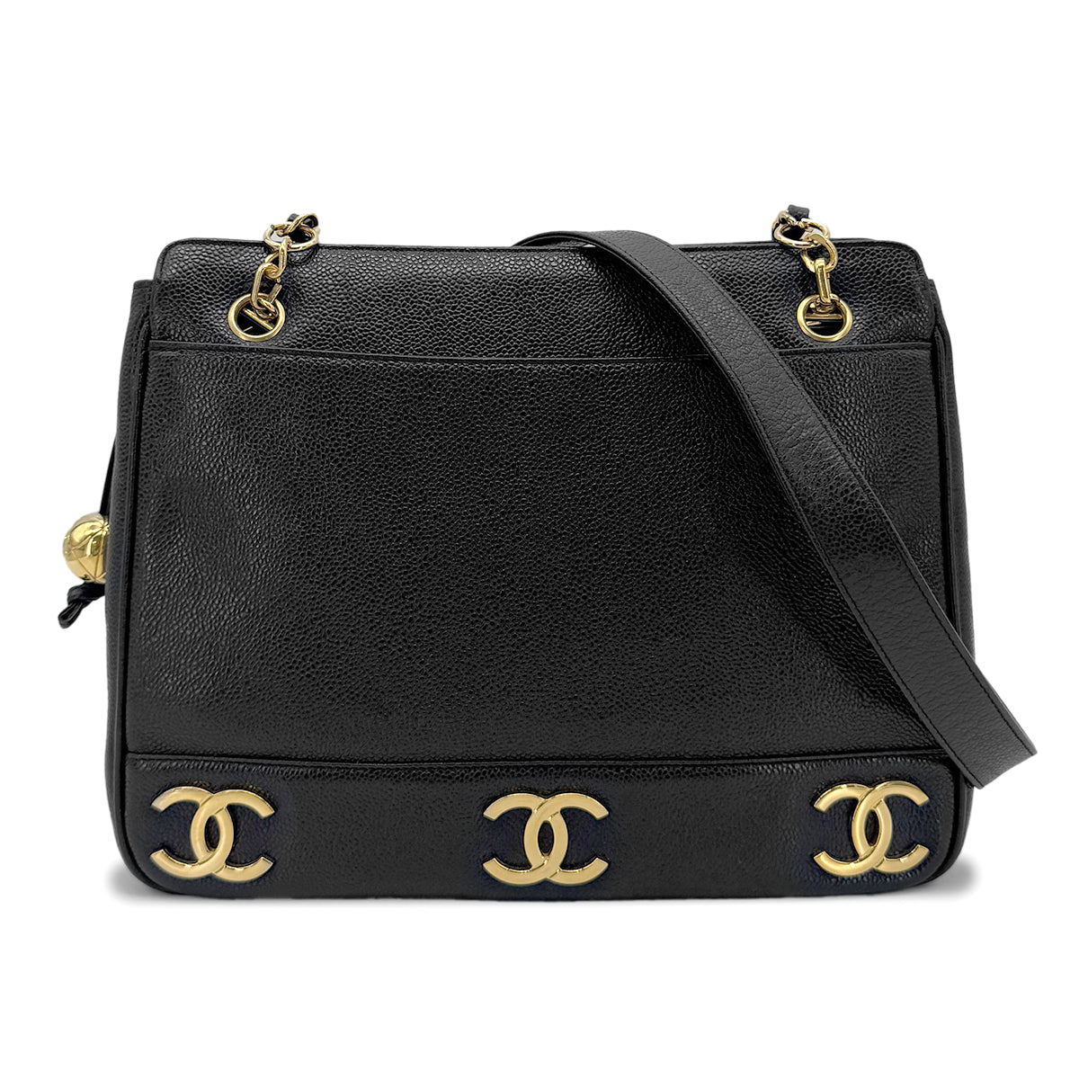 CHANEL VINTAGE TRIPLE COCO CHAIN TOTE BAG BLACK CAVIAR SKIN 90274064