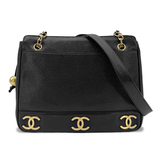 CHANEL VINTAGE TRIPLE COCO CHAIN TOTE BAG BLACK CAVIAR SKIN 90274064