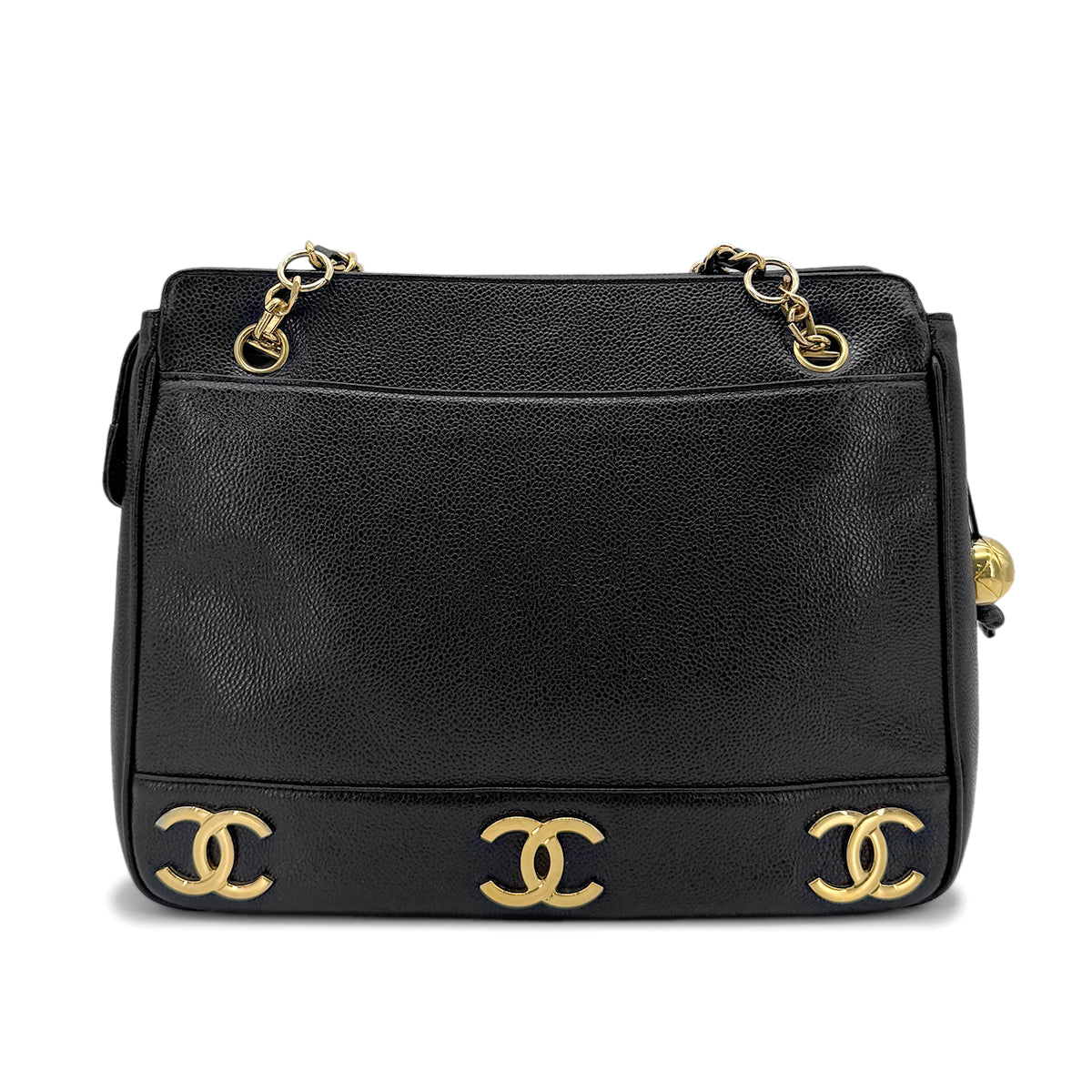 CHANEL VINTAGE TRIPLE COCO CHAIN TOTE BAG BLACK CAVIAR SKIN 90274064