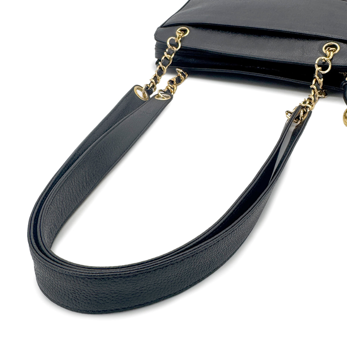 CHANEL VINTAGE TRIPLE COCO CHAIN TOTE BAG BLACK CAVIAR SKIN 90274064