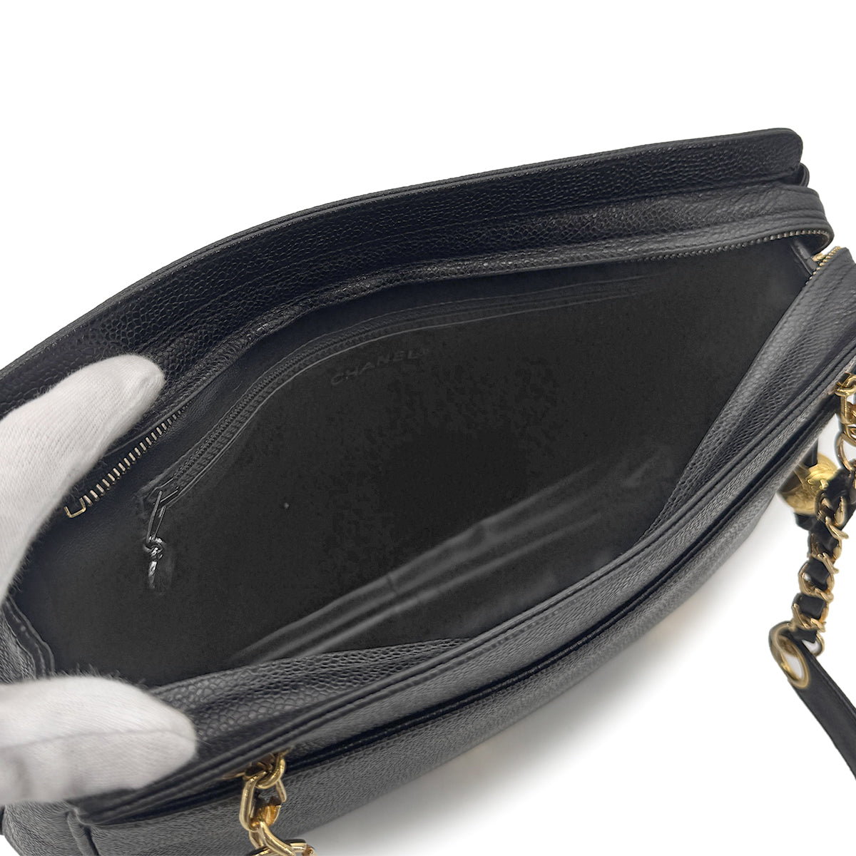 CHANEL VINTAGE TRIPLE COCO CHAIN TOTE BAG BLACK CAVIAR SKIN 90274064