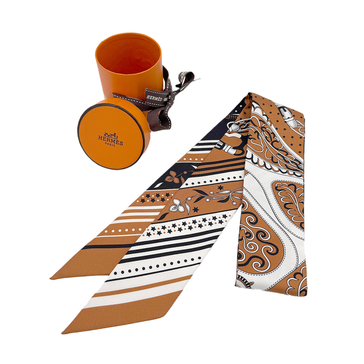 HERMES TWILLY FESTIVAL DES AMAZONES SCARF CARAMEL BLACK WHITE 90274079