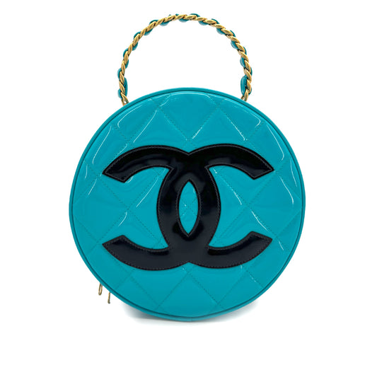 CHANEL VINTAGE ROUND VANITY HAND BAG BLUE ENAMEL 90274190