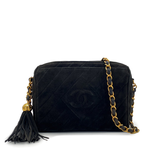 CHANEL VINTAGE FRINGE CHAIN SHOULDER BAG BLACK SUEDE 90274354