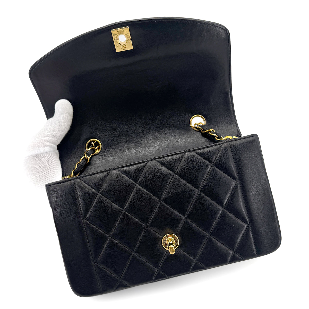 CHANEL VINTAGE DIANA SMALL CHAIN SHOULDER BAG BLACK LAMB SKIN 90274405