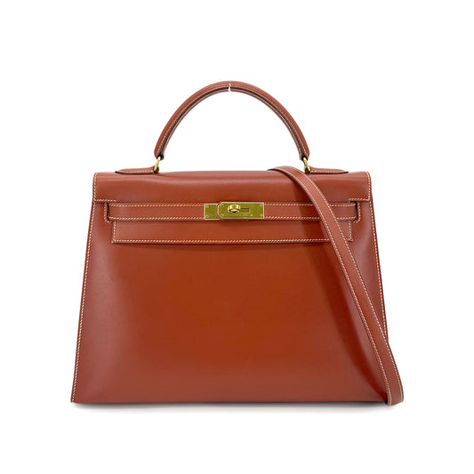 HERMES KELLY 32 SELLIER BRIQUE BOXCALF HAND SHOULDER BAG 〇X 90274409