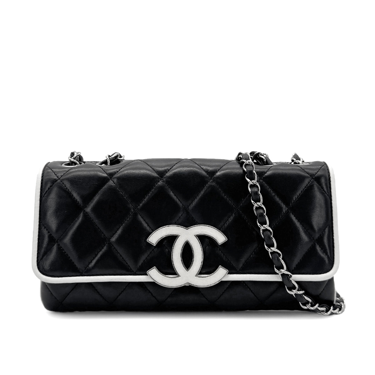CHANEL VINTAGE BIG COCO CHAIN SHOULDER BAG BLACK WHITE LAMB SKIN 90274419
