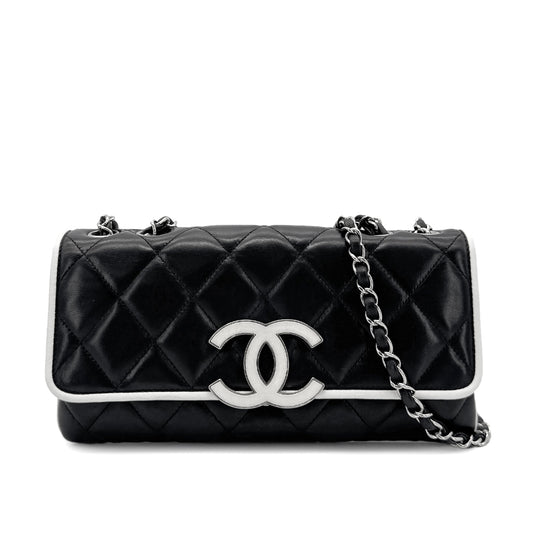 CHANEL VINTAGE BIG COCO CHAIN SHOULDER BAG BLACK WHITE LAMB SKIN 90274419