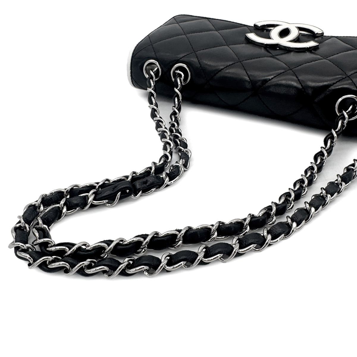 CHANEL VINTAGE BIG COCO CHAIN SHOULDER BAG BLACK WHITE LAMB SKIN 90274419