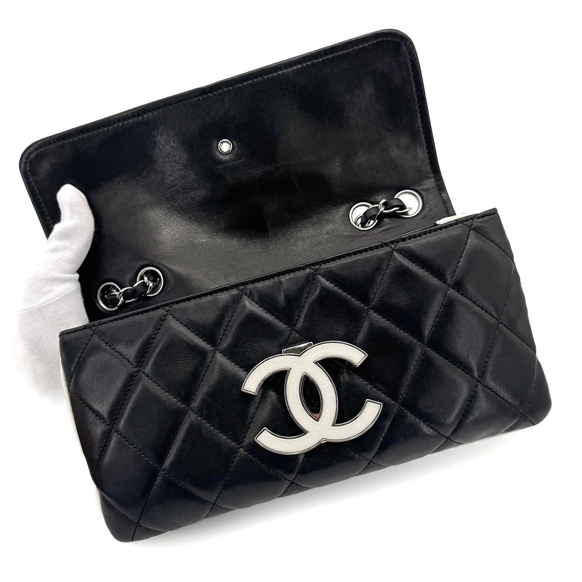 CHANEL VINTAGE BIG COCO CHAIN SHOULDER BAG BLACK WHITE LAMB SKIN 90274419