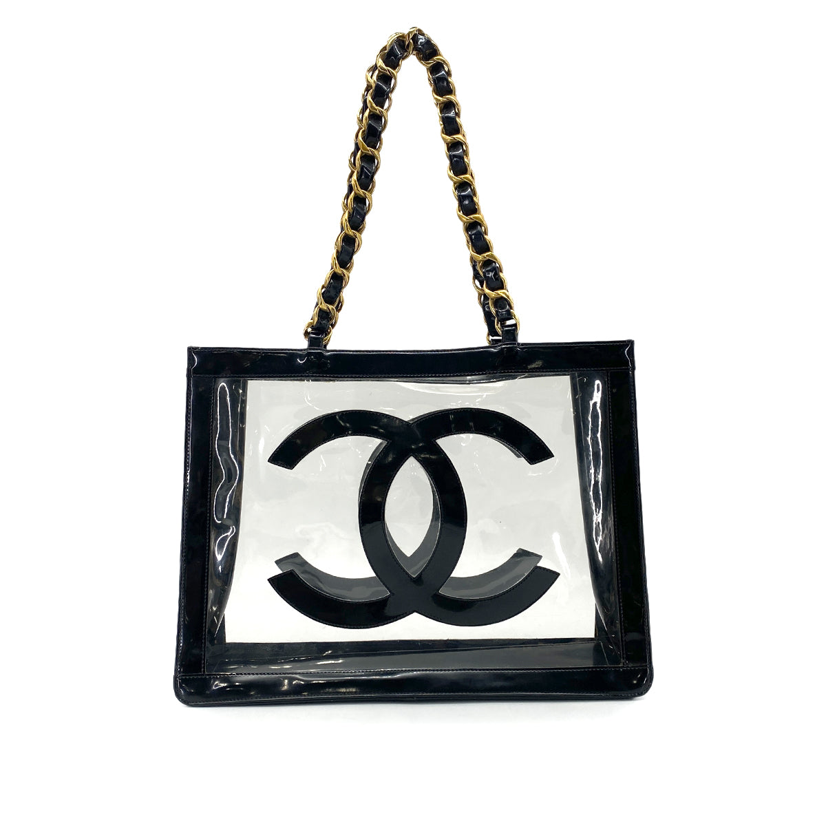 CHANEL VINTAGE COCO CLEAR CHAIN TOTE BAG BLACK VINYL 90274422
