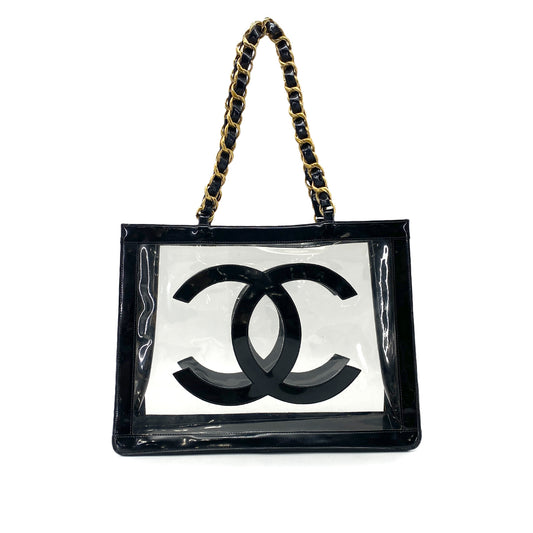 CHANEL VINTAGE COCO CLEAR CHAIN TOTE BAG BLACK VINYL 90274422