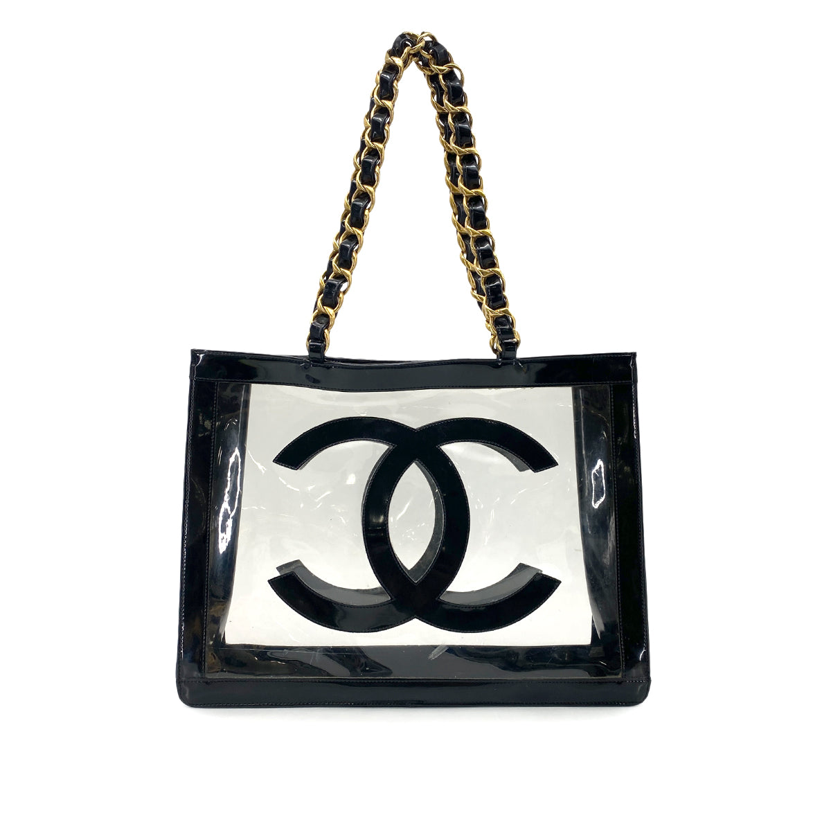 CHANEL VINTAGE COCO CLEAR CHAIN TOTE BAG BLACK VINYL 90274422
