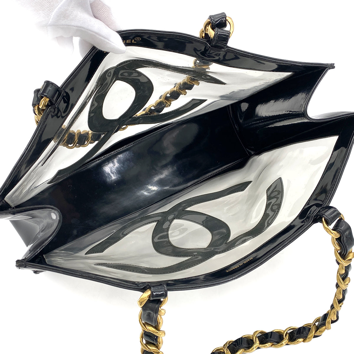 CHANEL VINTAGE COCO CLEAR CHAIN TOTE BAG BLACK VINYL 90274422