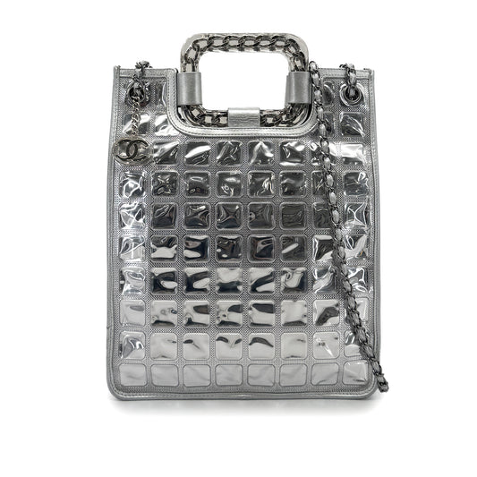 CHANEL VINTAGE ICE CUBE CHAIN HAND SHOULDER BAG SILVER VINYL LEATHER 90274425