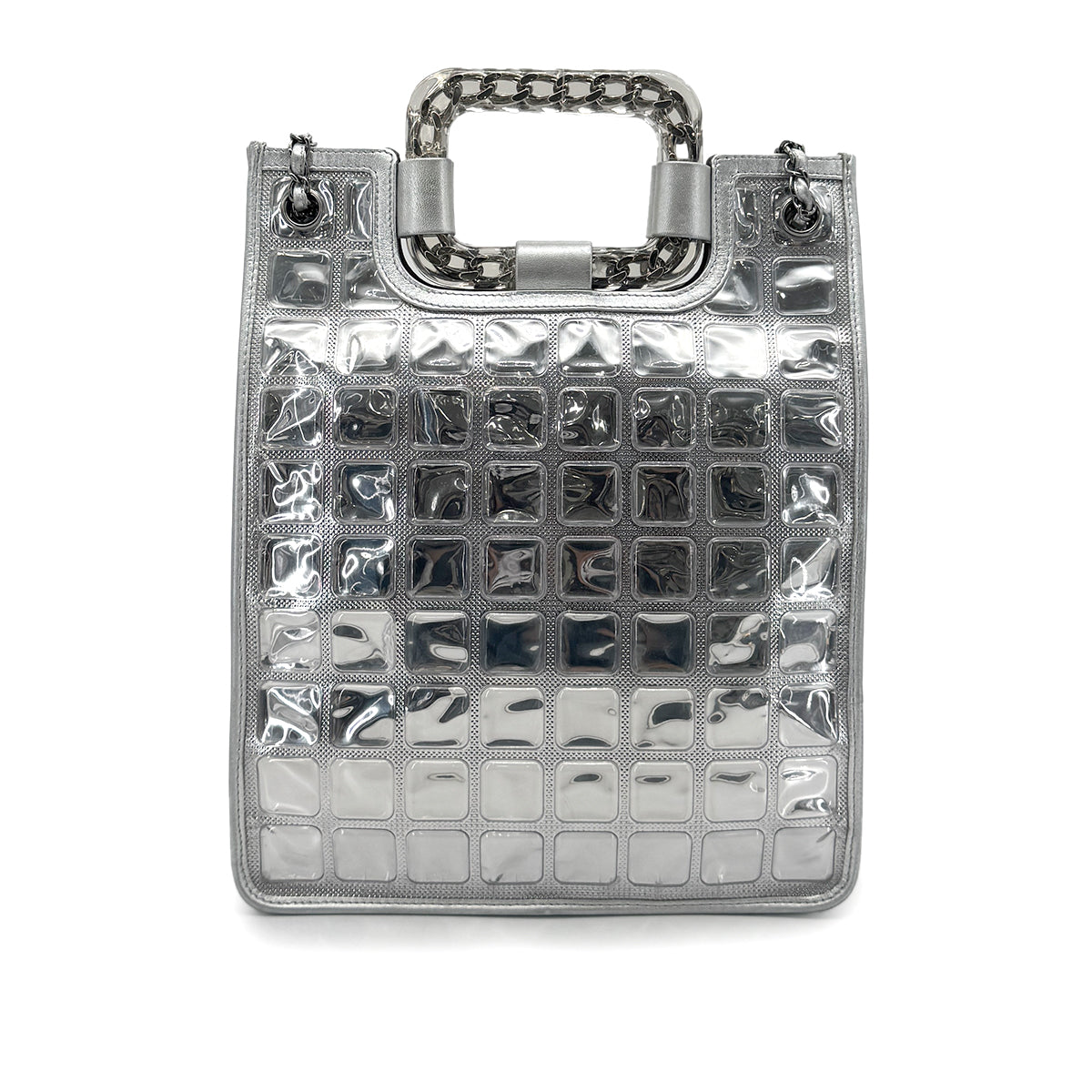 CHANEL VINTAGE ICE CUBE CHAIN HAND SHOULDER BAG SILVER VINYL LEATHER 90274425