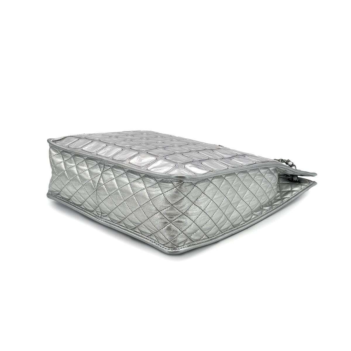 CHANEL VINTAGE ICE CUBE CHAIN HAND SHOULDER BAG SILVER VINYL LEATHER 90274425