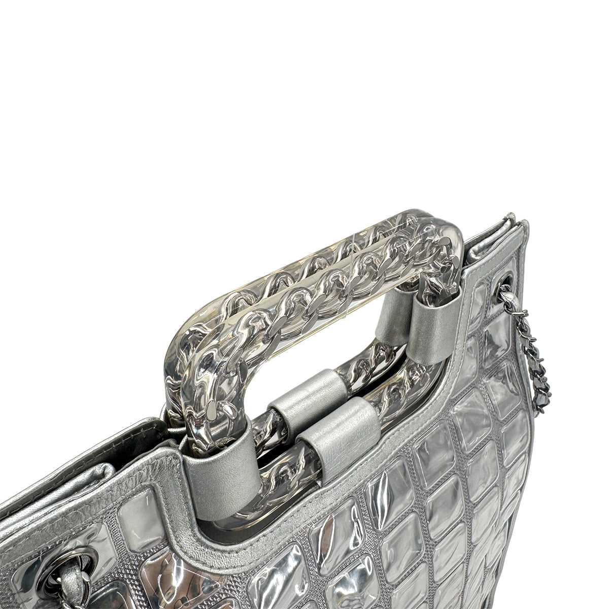 CHANEL VINTAGE ICE CUBE CHAIN HAND SHOULDER BAG SILVER VINYL LEATHER 90274425