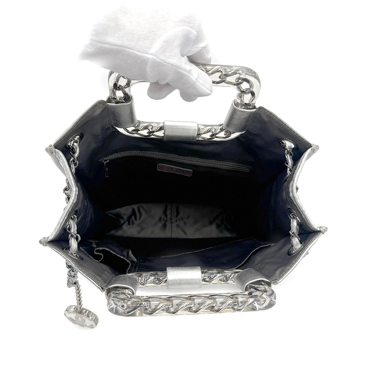 CHANEL VINTAGE ICE CUBE CHAIN HAND SHOULDER BAG SILVER VINYL LEATHER 90274425