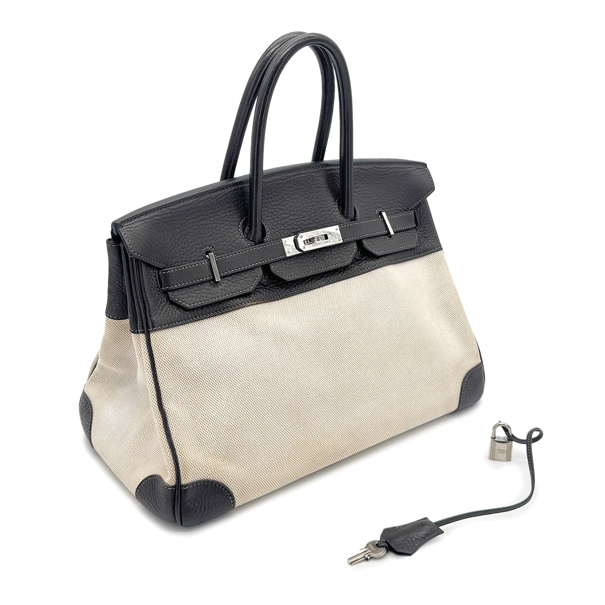 HERMES BIRKIN 35 EBENE TAURILLON CLEMENCE TOILE H HAND BAG □E SHW 90274430