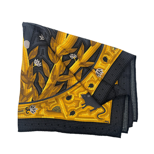 HERMES CARRE 90 CAVE FELEM SCARF SILK BLACK YELLOW 90274459