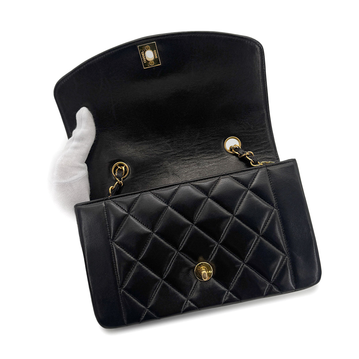 CHANEL VINTAGE DIANA SMALL CHAIN SHOULDER BAG BLACK LAMB SKIN 90274463