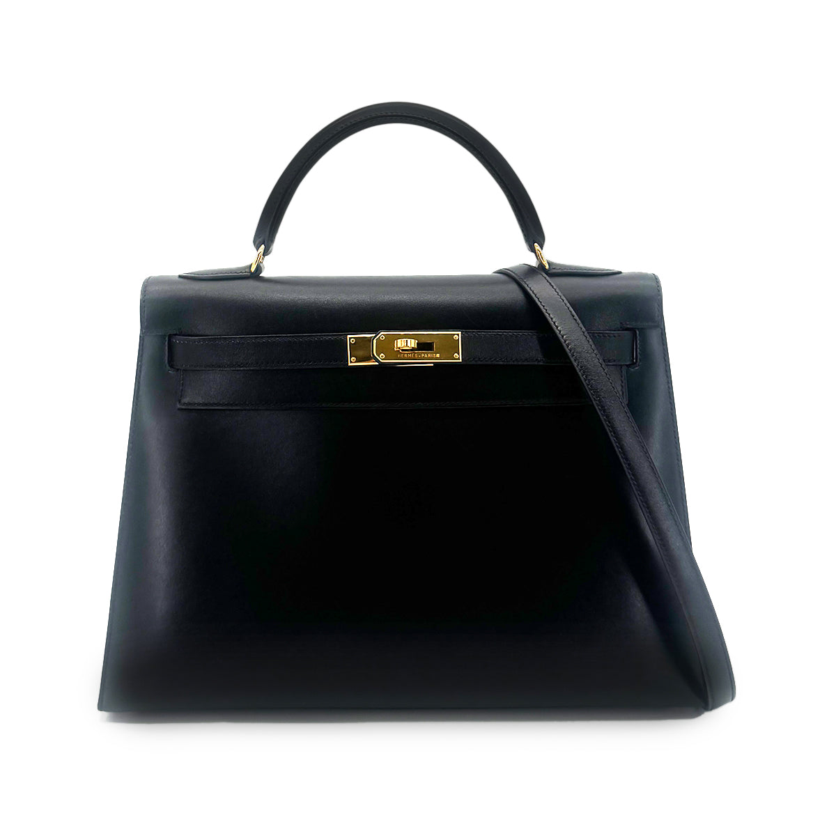 HERMES KELLY 32 SELLIER BLACK BOXCALF HAND SHOULDER BAG 〇A 90274465