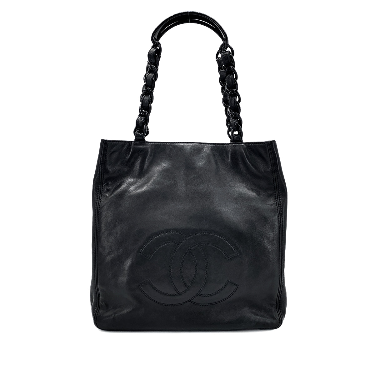 CHANEL VINTAGE COCOMARK PLASTIC CHAIN TOTE BAG BLACK LAMB SKIN 90274466