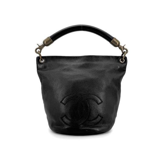 CHANEL VINTAGE COCOMARK BUKET ONE HAND BAG BLACK CALF LEATHER 90274478