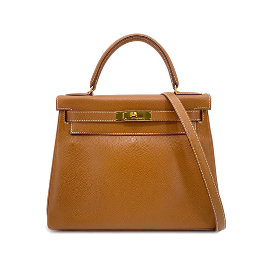 HERMES KELLY 28 RETOURNE GOLD COUCHEVEL HAND SHOULDER BAG 〇U 90274842