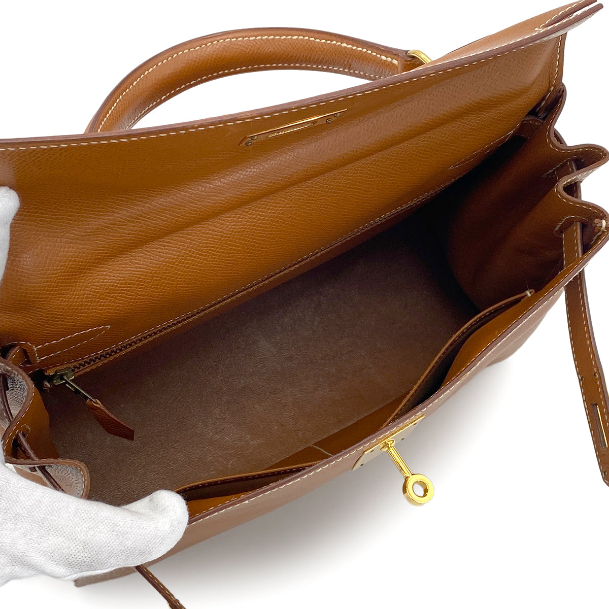 HERMES KELLY 28 RETOURNE GOLD COUCHEVEL HAND SHOULDER BAG 〇U 90274842