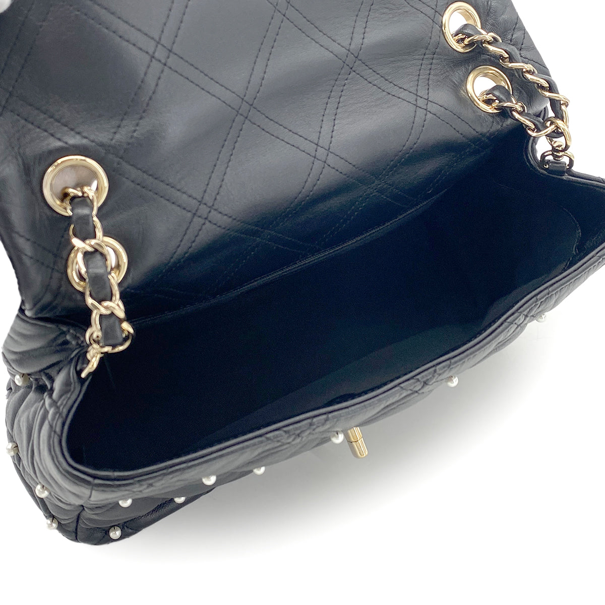 CHANEL MATELASSE CHAIN SHOULDER BAG FAUX PEARL BLACK LAMB SKIN 90274853