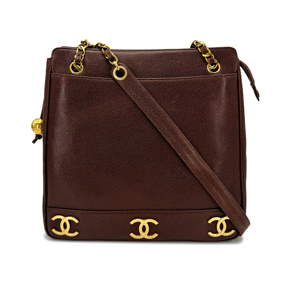 CHANEL VINTAGE TRIPLE COCO CHAIN TOTE BAG BROWN CAVIAR SKIN 90274859