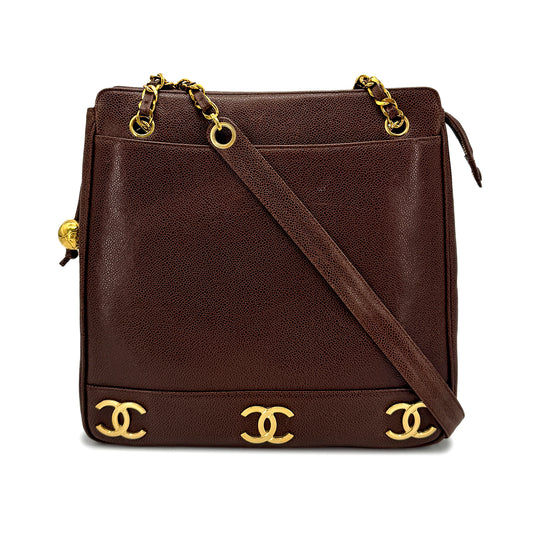 CHANEL VINTAGE TRIPLE COCO CHAIN TOTE BAG BROWN CAVIAR SKIN 90274859