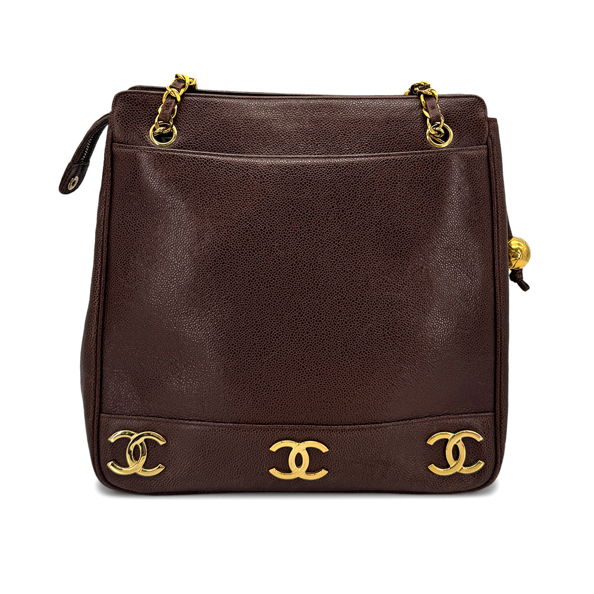 CHANEL VINTAGE TRIPLE COCO CHAIN TOTE BAG BROWN CAVIAR SKIN 90274859