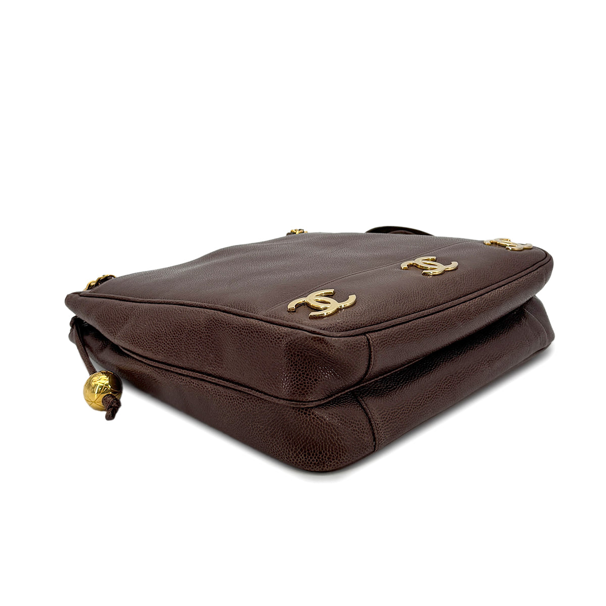 CHANEL VINTAGE TRIPLE COCO CHAIN TOTE BAG BROWN CAVIAR SKIN 90274859