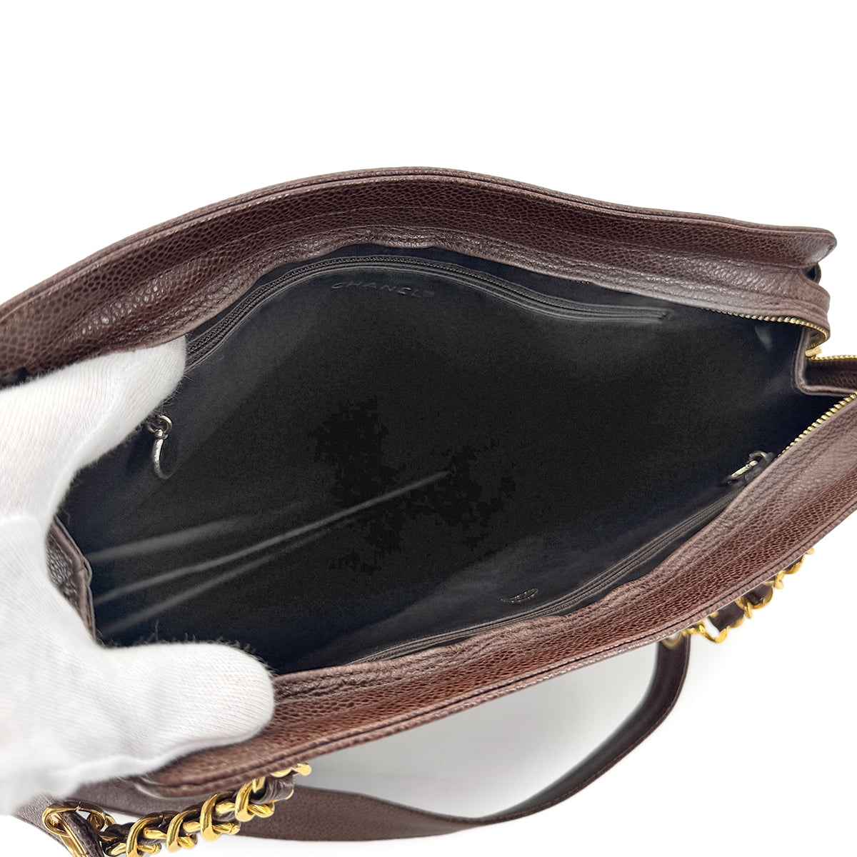 CHANEL VINTAGE TRIPLE COCO CHAIN TOTE BAG BROWN CAVIAR SKIN 90274859