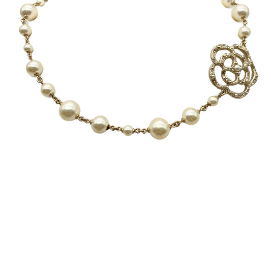 CHANEL NECKLACE CAMELLIA FAUX PEARL RHINESTONE COCOMARK ACCESSORY A13P 90274862