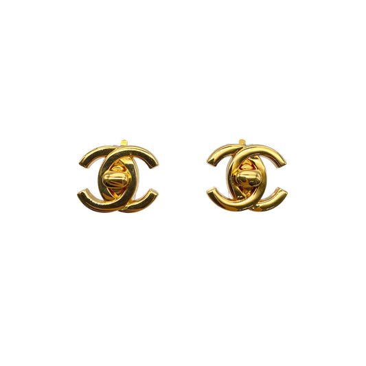 CHANEL VINTAGE EARRINGS TURN LOCK GOLD ACCESSORY 95A 90274880